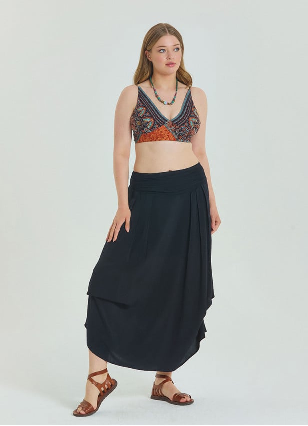 Black Plus Size Skirt with Elastic Waist and Drape Detail 4600